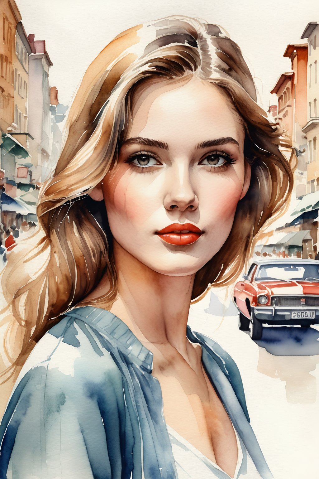 a highly detailed portrait illustration of a beautiful young women in retro city . watercolor painting