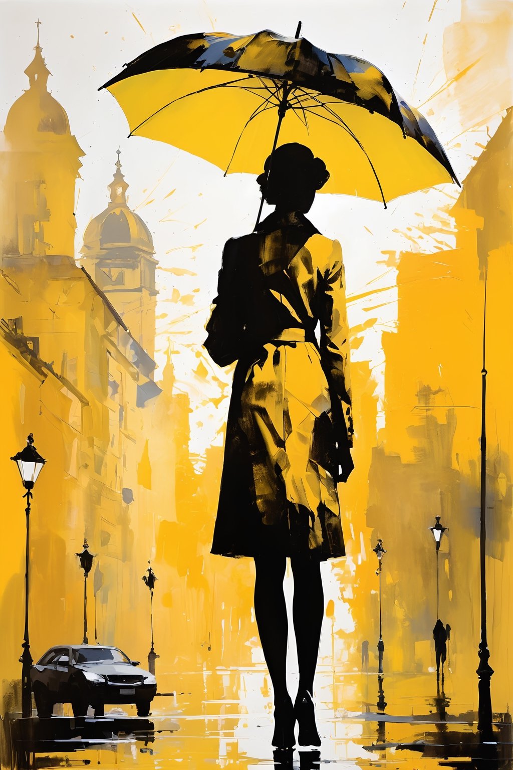 a double exposure silhouette of a tall slim woman with a yellow umbrella, style of laura sava, broad brush strokes, by Victor Noble Rainbird, David G. Sorensen, Juliette Wytsman, Kees Maks, Judy Cassab, Lycia art, Impressionism,