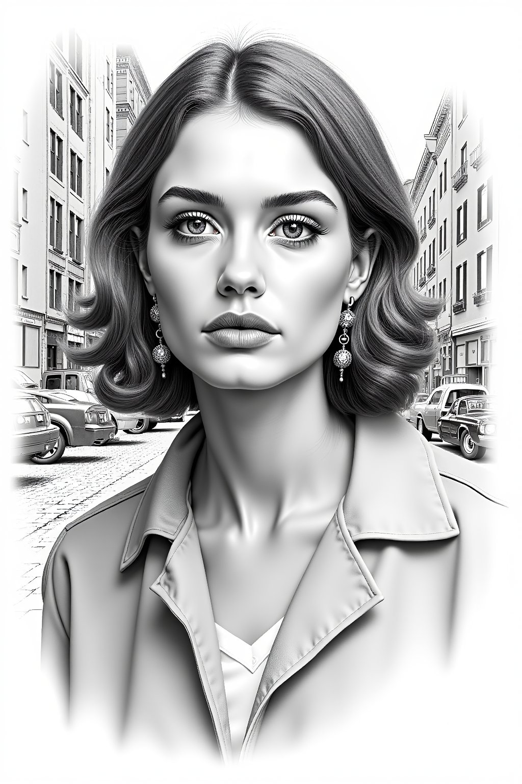 a highly detailed pencil sketch portrait of a beautiful young women in retro city