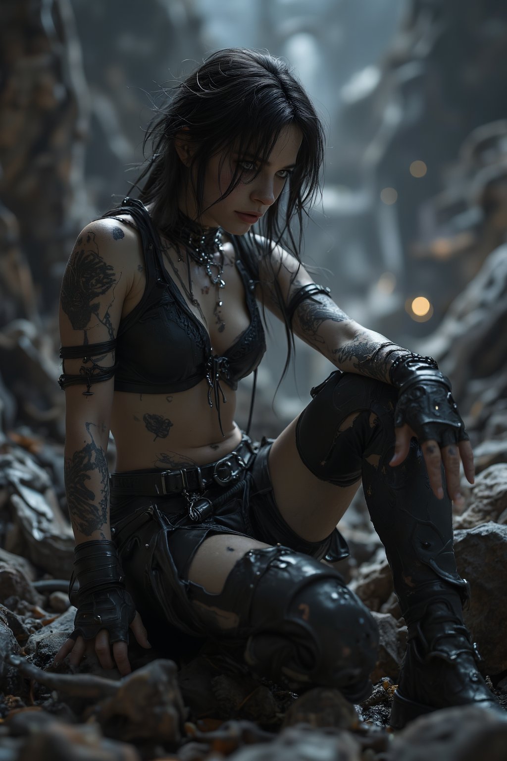 macabre style girl as Lara Croft sitting in cavern, background ruins, damaged body .  dark, gothic, grim, haunting, highly detailed