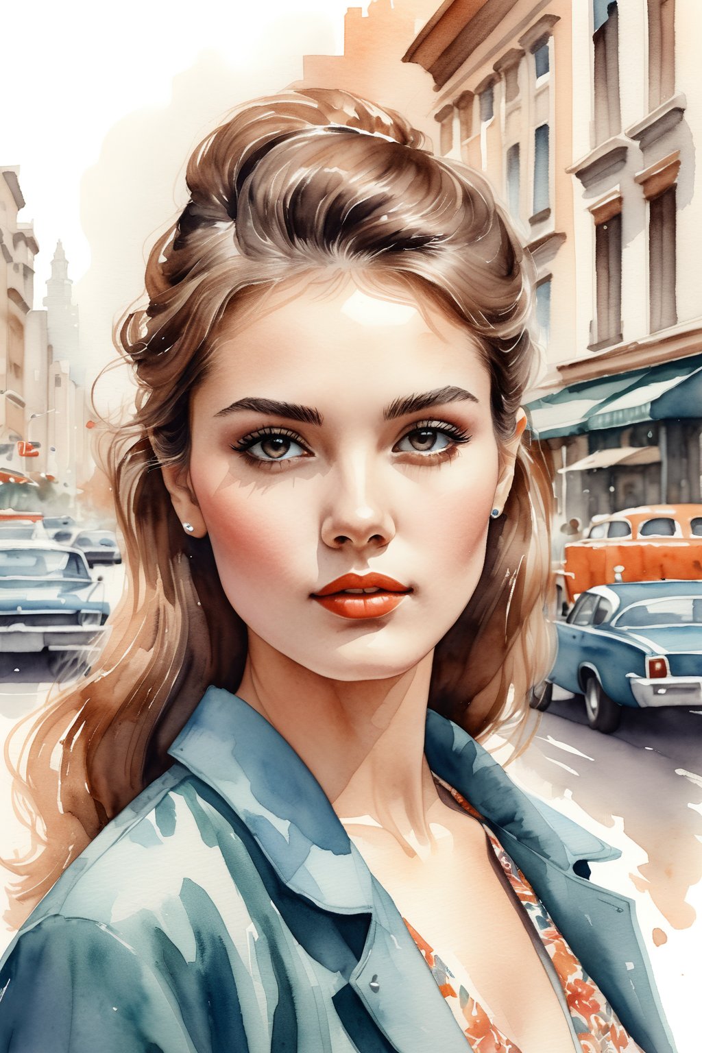 a highly detailed portrait illustration of a beautiful young women in retro city . (watercolor painting:0.6), half body shot