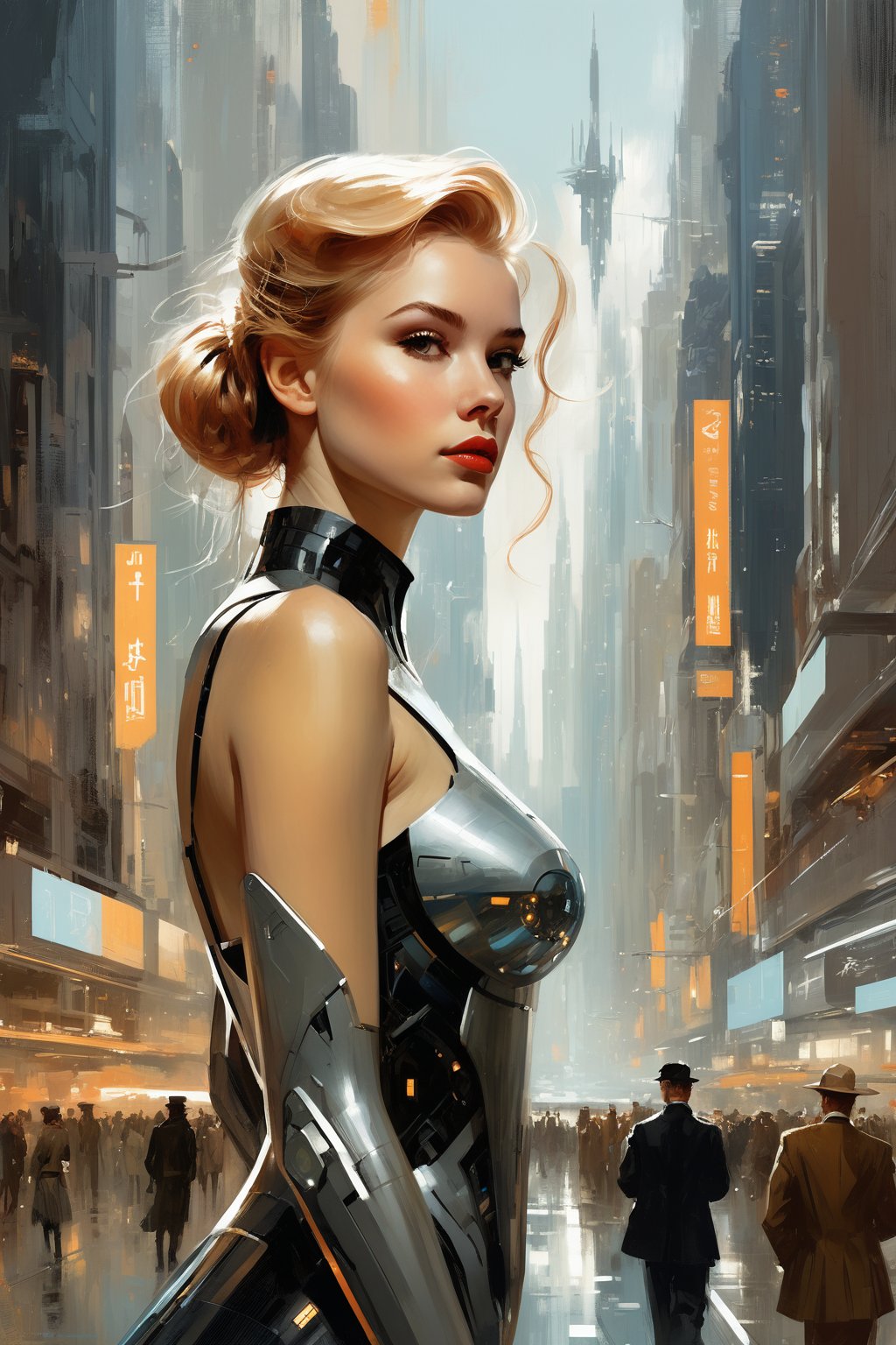 a highly detailed illustration of a beautiful young women in futuristic city 2024 by Andrew Loomis,Gregory Manchess,Russ Mills,Berthe Morisot