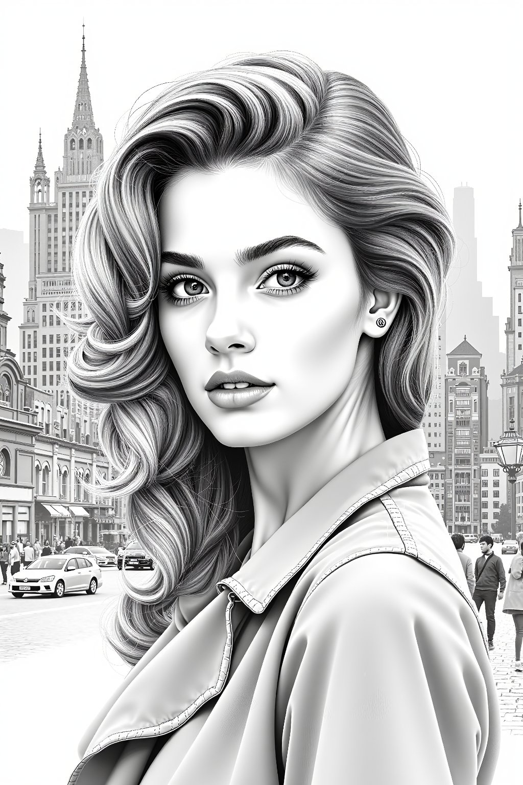 a highly detailed pencil sketch portrait of a beautiful young women in retro city