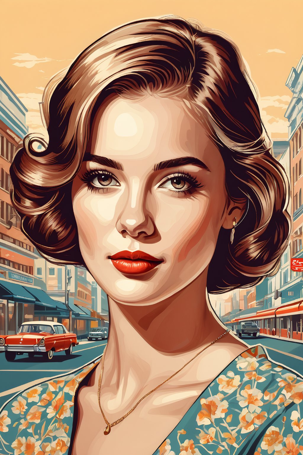 a highly detailed portrait illustration of a beautiful young women in retro city