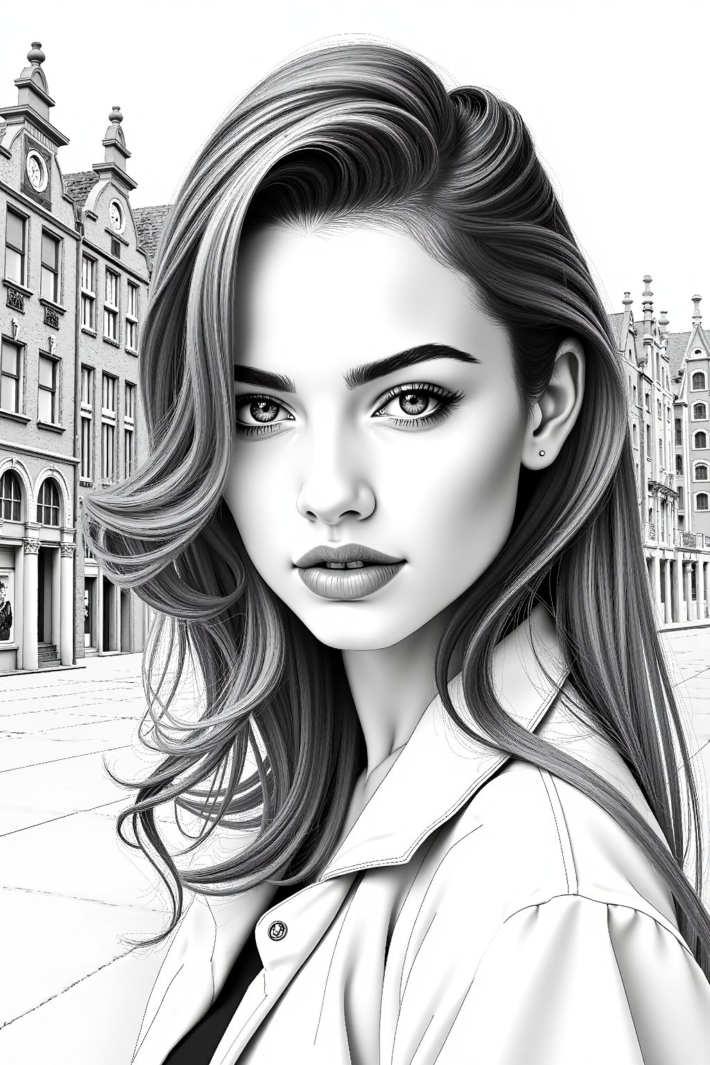 a highly detailed pencil sketch portrait of a beautiful young women in retro city