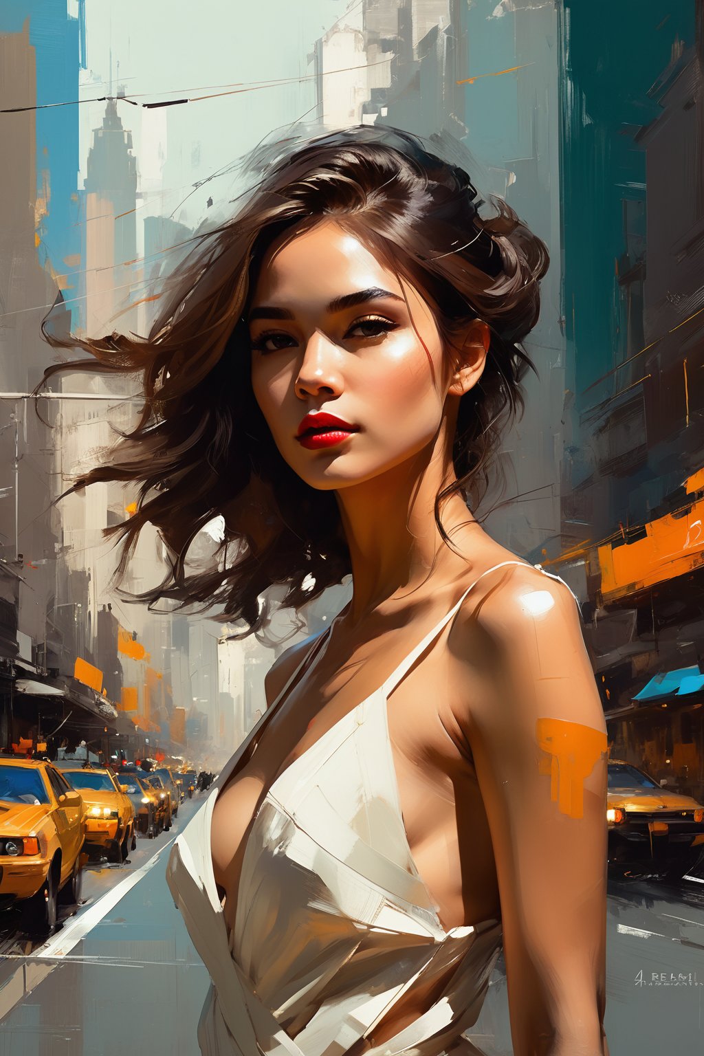 a highly detailed illustration of a beautiful young women in city 2023 by style of Benedick Bana,Henry Asencio,Frank Auerbach,John Berkey