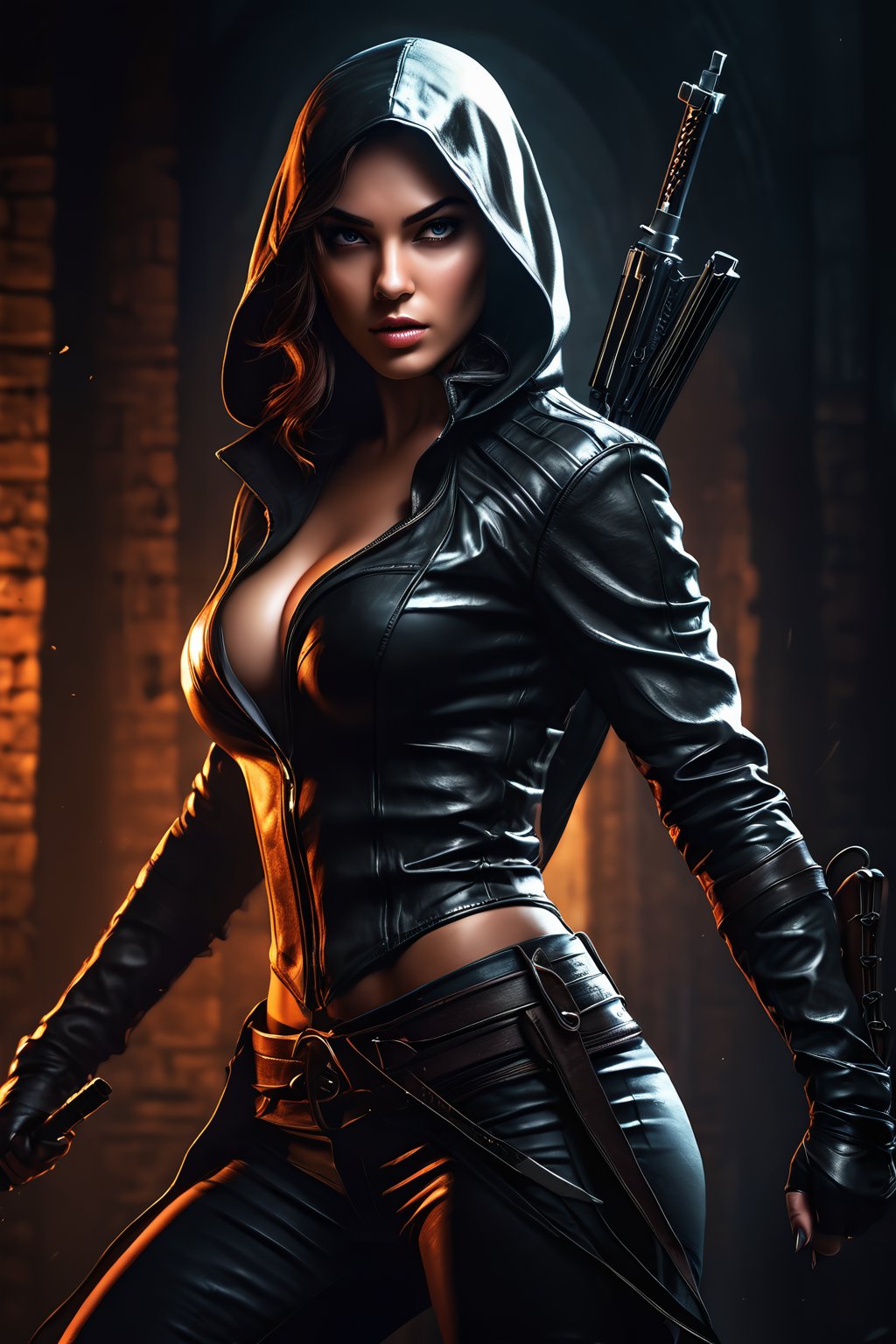 breathtaking illustration of young beautiful (sexy:2.0) assassin girl, strong backlight, alluring, (perfect eyes:2.0), (perfect hands:2.0), evocative dynamic action pose, curvy body . dark and moody style, ink illustration, Splash art, sharp focus, focus on eyes, hyperrealistic, volumetric lighting, dramatic lighting, cinematic lighting, exquisite details, highly detailed, UHD, 64k resolution