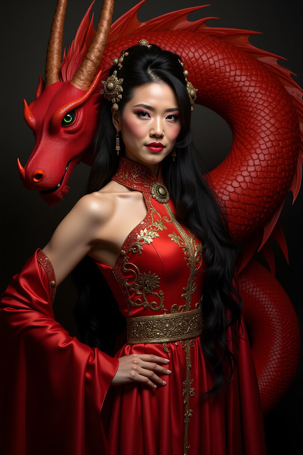 A stunning portrait of an elegant woman dressed in traditional, richly decorated red and gold attire. She has long, flowing black hair adorned with intricate golden hairpieces. A majestic red dragon is coiled around her, with its head positioned near her shoulder, exuding a sense of power and mystique. The dragon’s scales are detailed and shimmering, and its eyes glow with an intense green hue. The background should be dark and moody, emphasizing the dramatic and regal atmosphere of the scene, with the woman’s expression reflecting calm confidence.