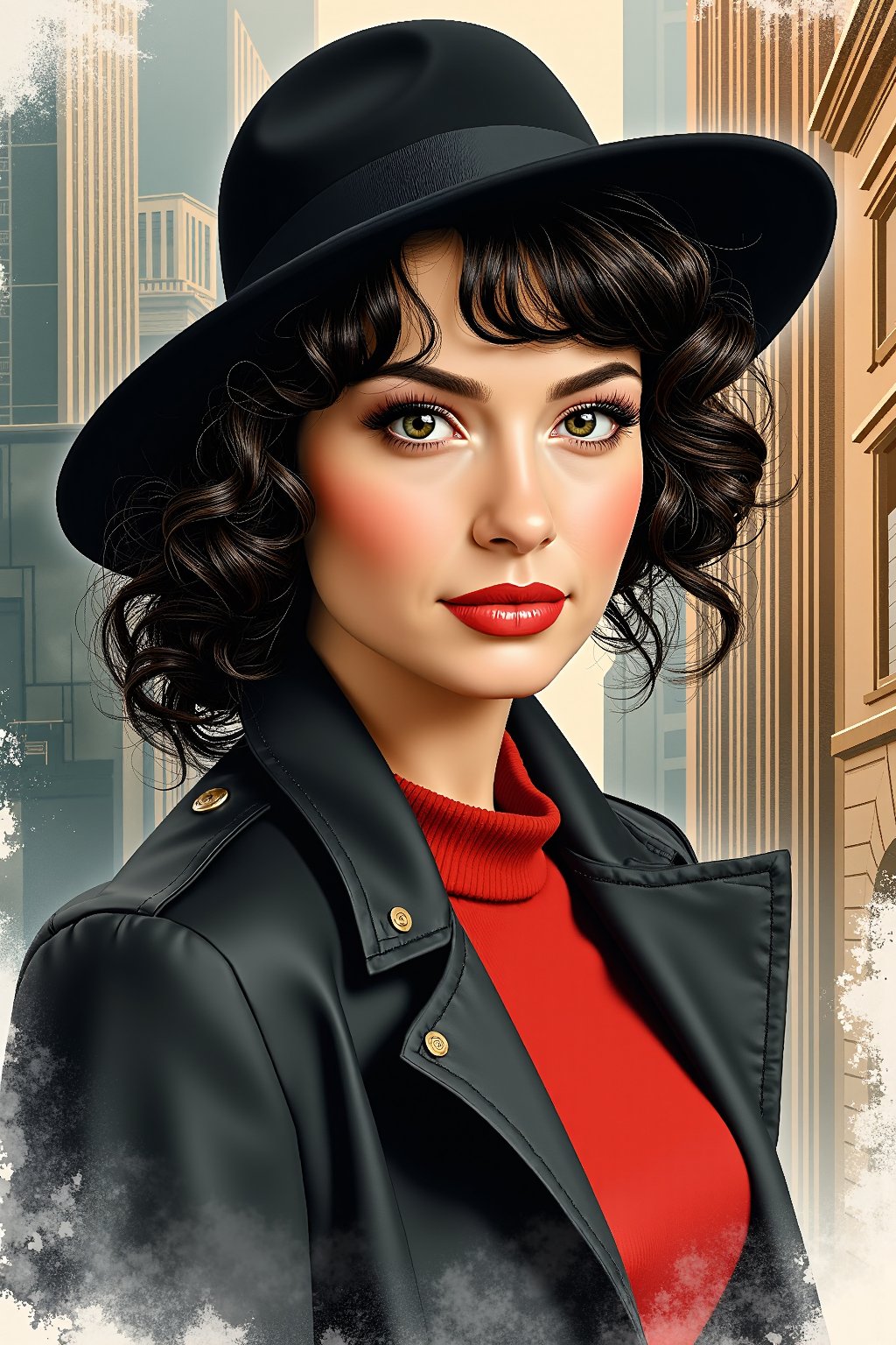 a highly detailed portrait illustration of a beautiful young women in retro city . (watercolor painting:1.4), dark and moody style