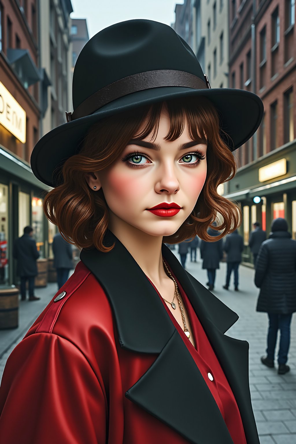 a highly detailed portrait illustration of a beautiful young women in retro city . watercolor painting, dark and moody style