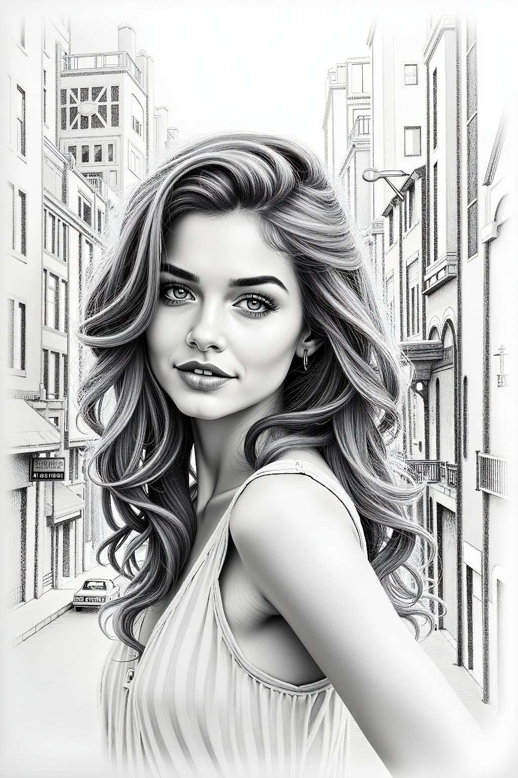 a highly detailed pencil sketch portrait of a beautiful young women in retro city