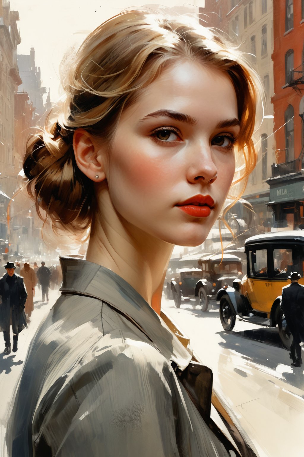 a highly detailed portrait illustration of a beautiful young women in city 2024 by Andrew Loomis,Gregory Manchess,Russ Mills,Berthe Morisot