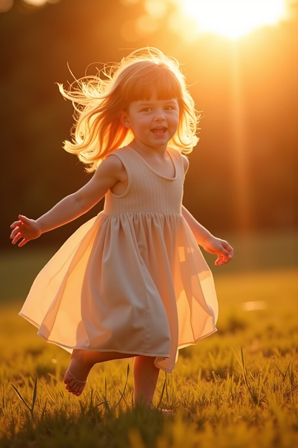 an ephemerally beautiful portrait of a young red-haired girl in a light summer dress, frolicking in the soft enchanting light of the setting sun