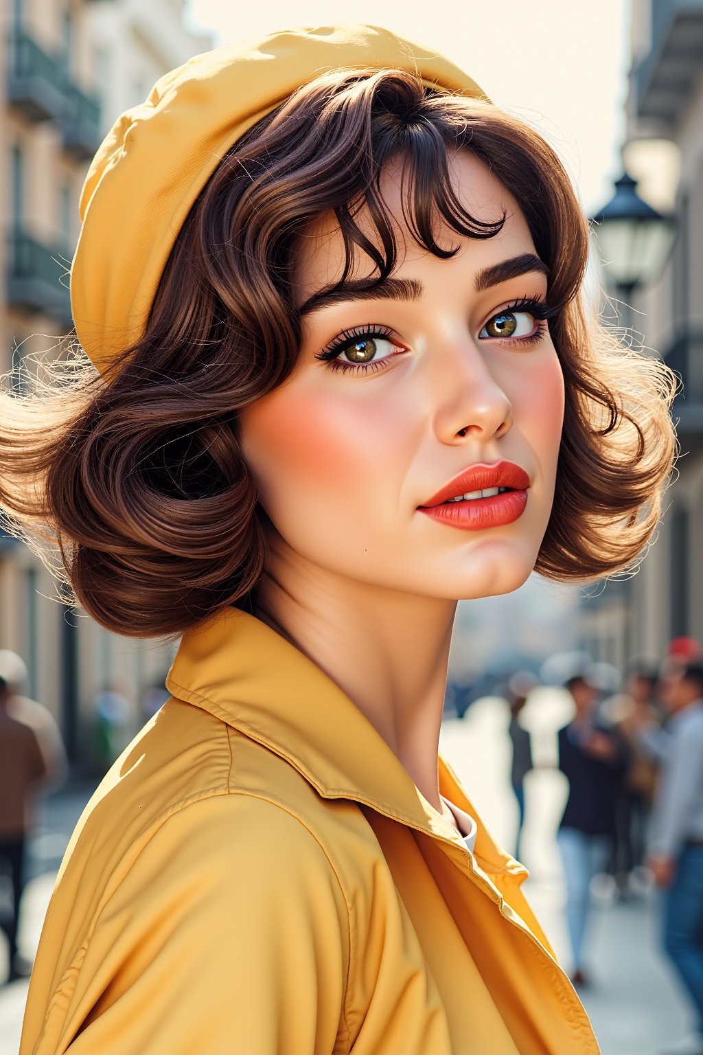 a highly detailed portrait illustration of a beautiful young women in retro city . watercolor painting