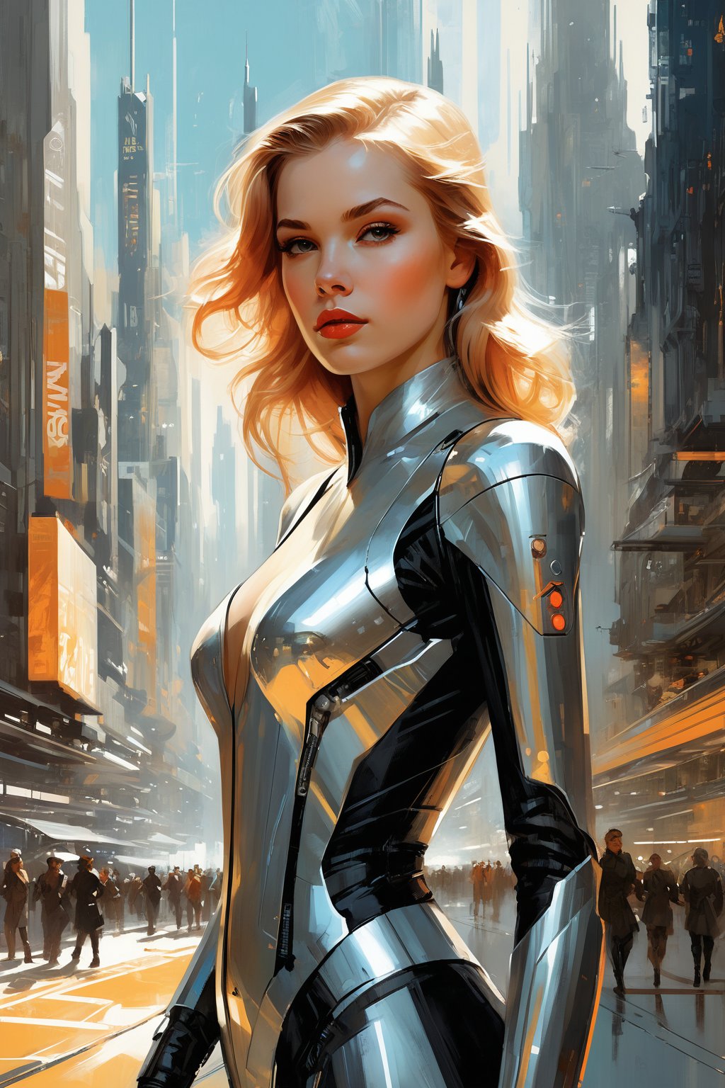 a highly detailed illustration of a beautiful young women in futuristic city 2024 by Andrew Loomis,Gregory Manchess,Russ Mills,Berthe Morisot