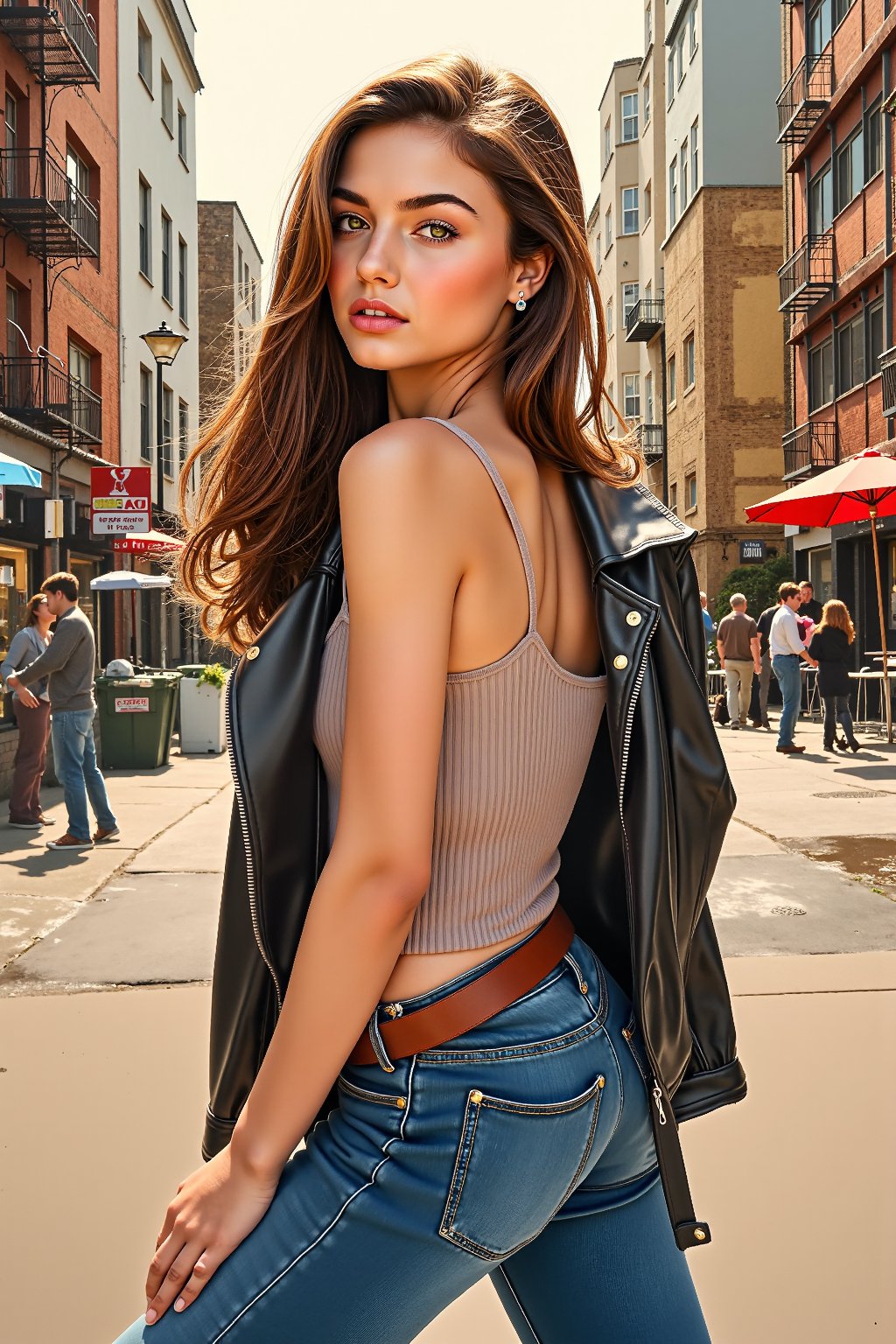 a highly detailed portrait illustration of a beautiful young women in retro city, alluring, dinamic action pose . watercolor painting, full body shot