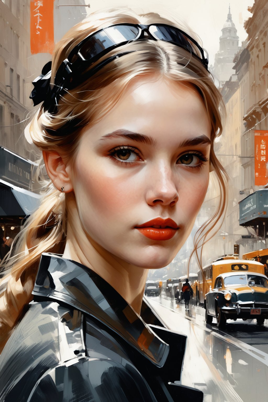 a highly detailed portrait illustration of a beautiful young women in city 2024 by Andrew Loomis,Gregory Manchess,Russ Mills,Berthe Morisot