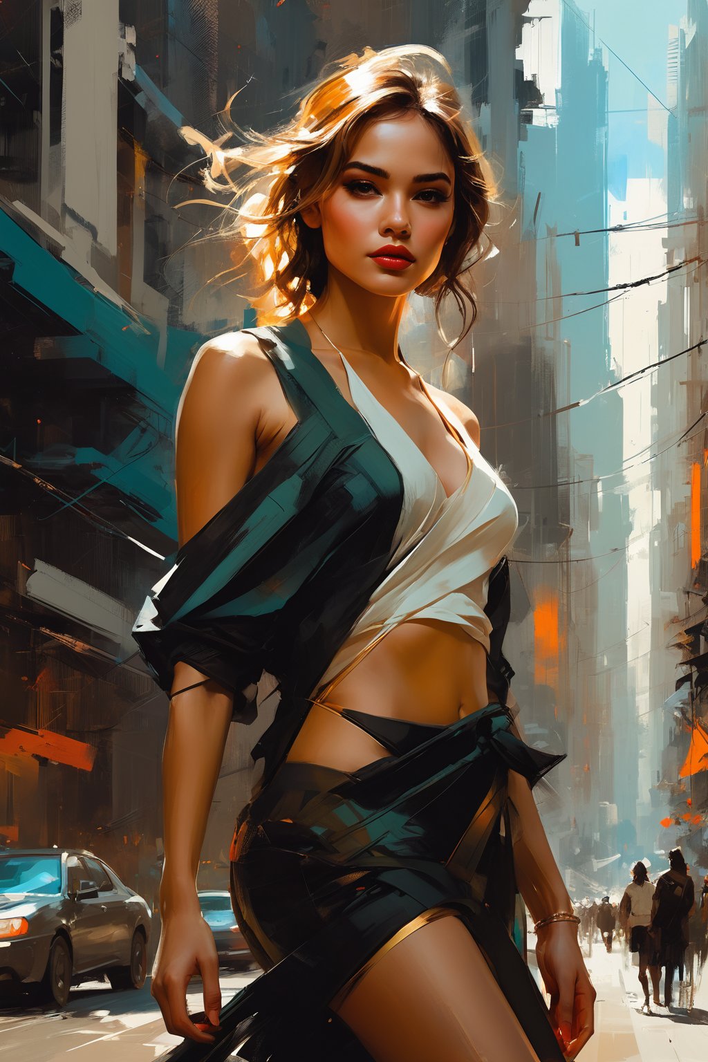 a highly detailed illustration of a beautiful young women in city 2023 by style of Benedick Bana,Henry Asencio,Frank Auerbach,John Berkey