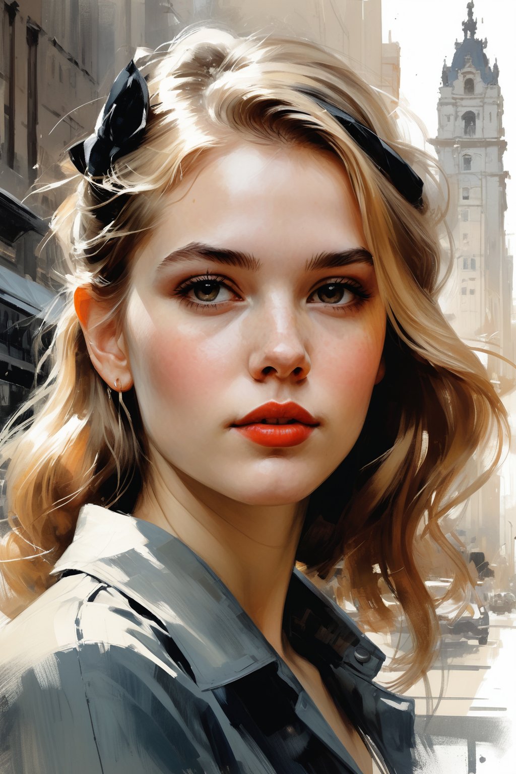 a highly detailed portrait illustration of a beautiful young women in city 2024 by Andrew Loomis,Gregory Manchess,Russ Mills,Berthe Morisot