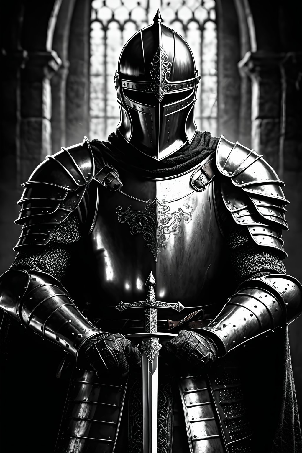 breathtaking noir illustration of mighty medieval knight,  strong backlight,  alluring by evgeny_kozlov on Tensor.Art
