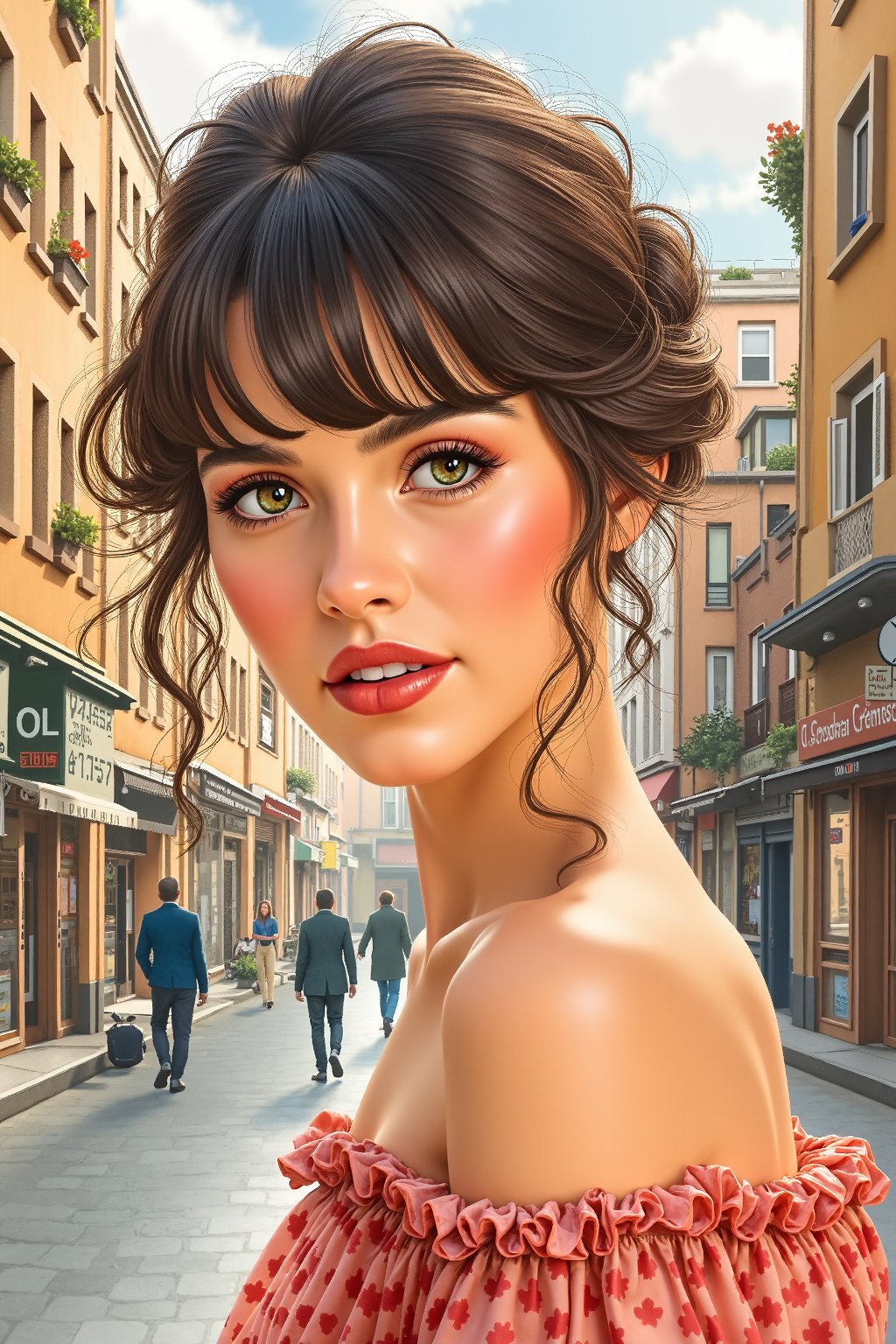 a highly detailed portrait illustration of a beautiful young women in retro city . (watercolor painting:2.0)