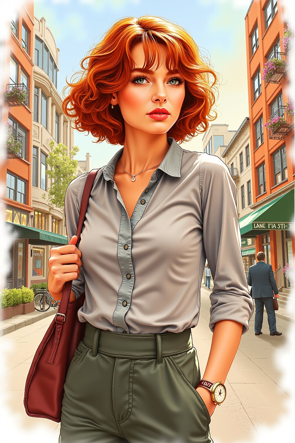 a highly detailed portrait of a beautiful young women with short copper hair in retro city . watercolor drawing, full body shot