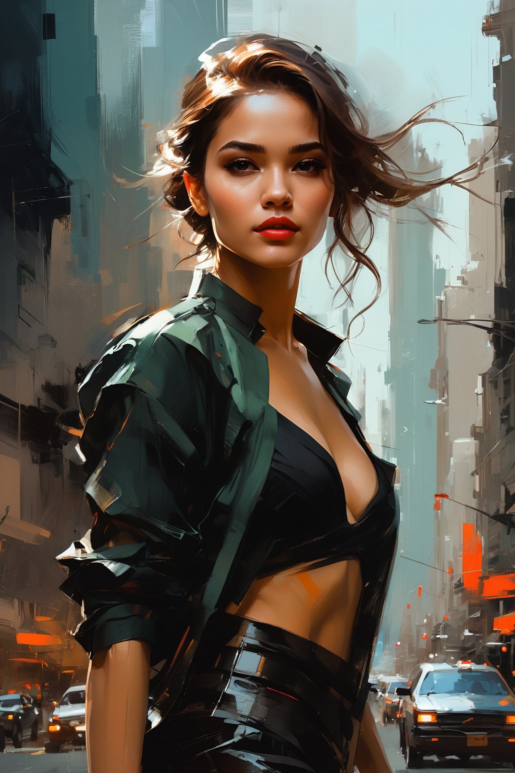 a highly detailed illustration of a beautiful young women in city 2023 by style of Benedick Bana,Henry Asencio,Frank Auerbach,John Berkey