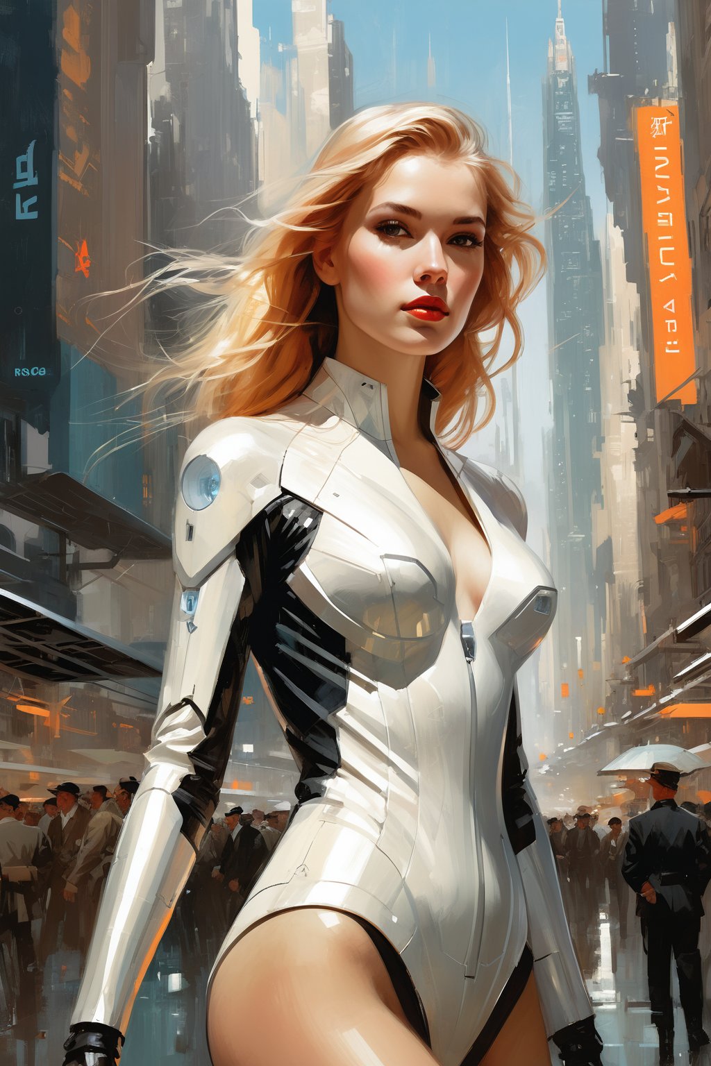 a highly detailed illustration of a beautiful young women in futuristic city 2024 by Andrew Loomis,Gregory Manchess,Russ Mills,Berthe Morisot