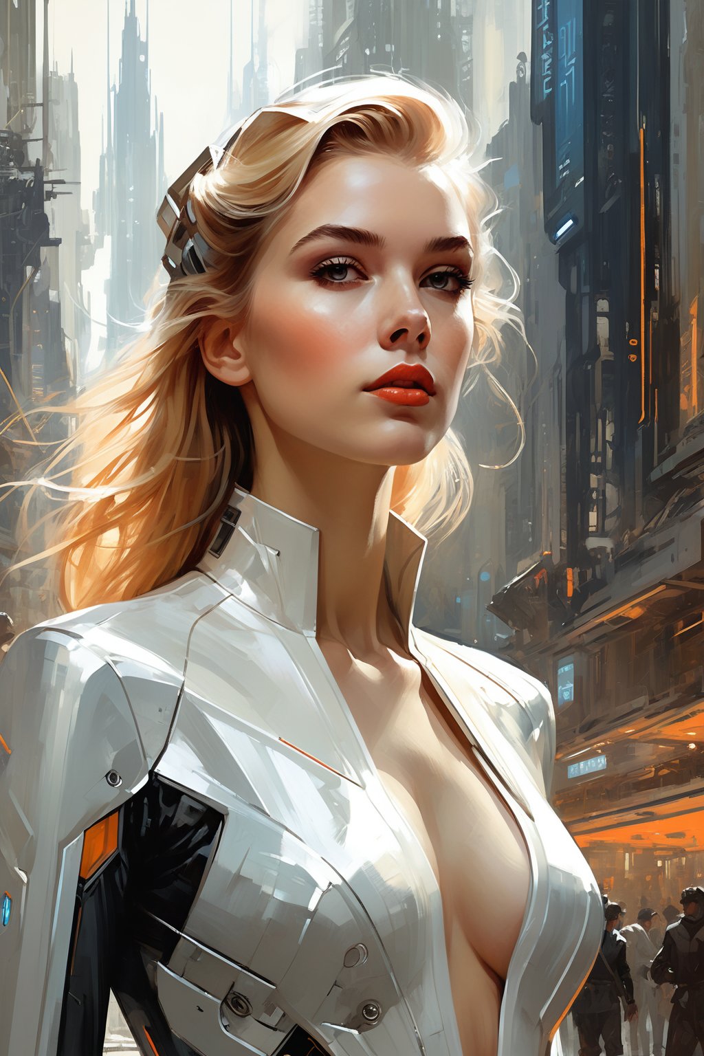 a highly detailed illustration of a beautiful young women in futuristic city 2024 by Andrew Loomis,Gregory Manchess,Russ Mills,Berthe Morisot