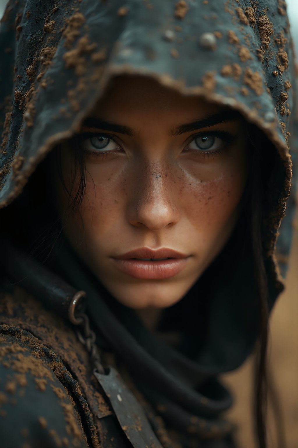 breathtaking cinematic close-up portrait of female assassin warrior, mud and dust around, warm colors, dark and moody, soft colors, film grain, dramatic lighting, exquisite details