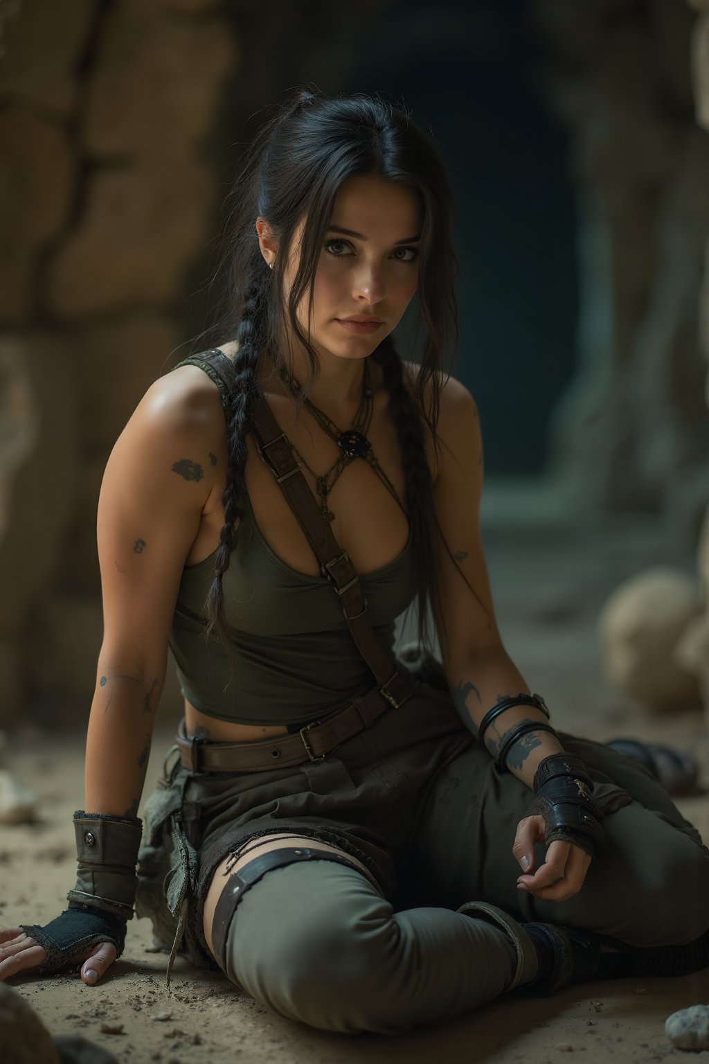 cinematic film still  girl as Lara Croft sitting in cavern, background ruins, damaged body .  shallow depth of field, vignette, highly detailed, high budget, bokeh, cinemascope, moody, epic, gorgeous, film grain, grainy