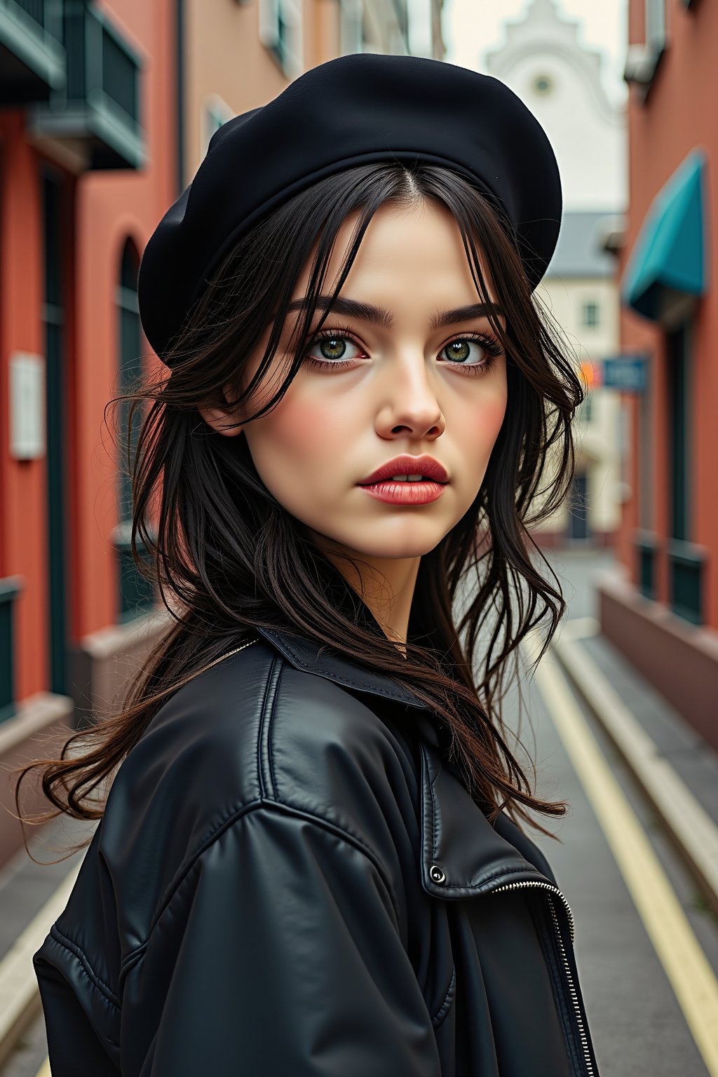 a highly detailed portrait illustration of a beautiful young women in retro city . watercolor painting, dark and moody style