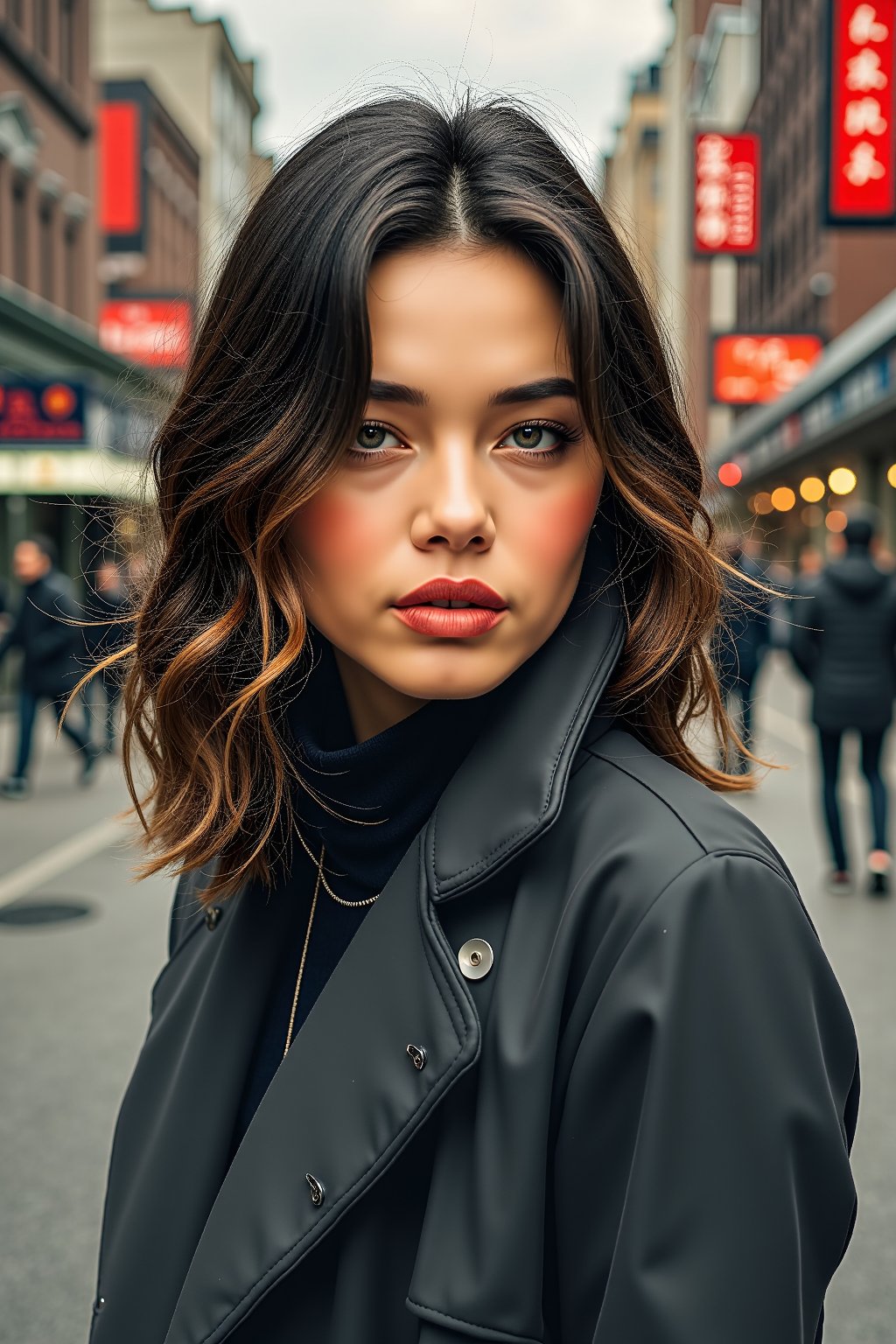 a highly detailed portrait illustration of a beautiful young women in retro city . (watercolor painting:1.4), dark and moody style