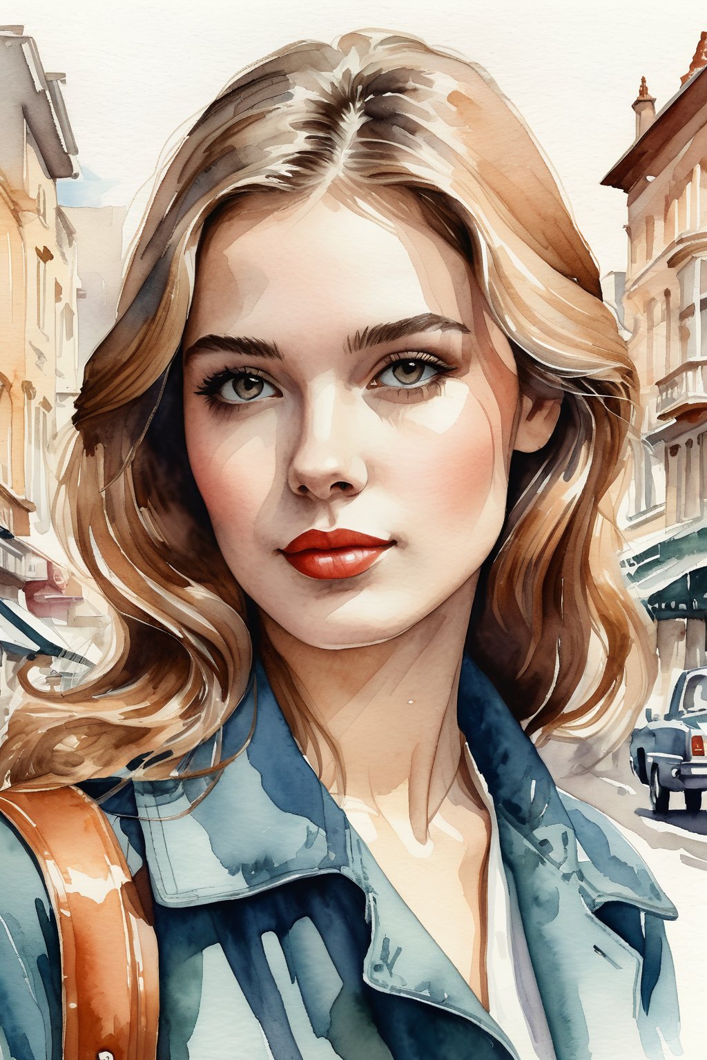 a highly detailed portrait illustration of a beautiful young women in retro city . (watercolor painting:0.6), half body shot