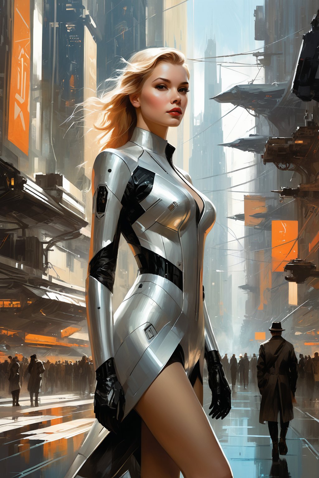 a highly detailed illustration of a beautiful young women in futuristic city 2024 by Andrew Loomis,Gregory Manchess,Russ Mills,Berthe Morisot