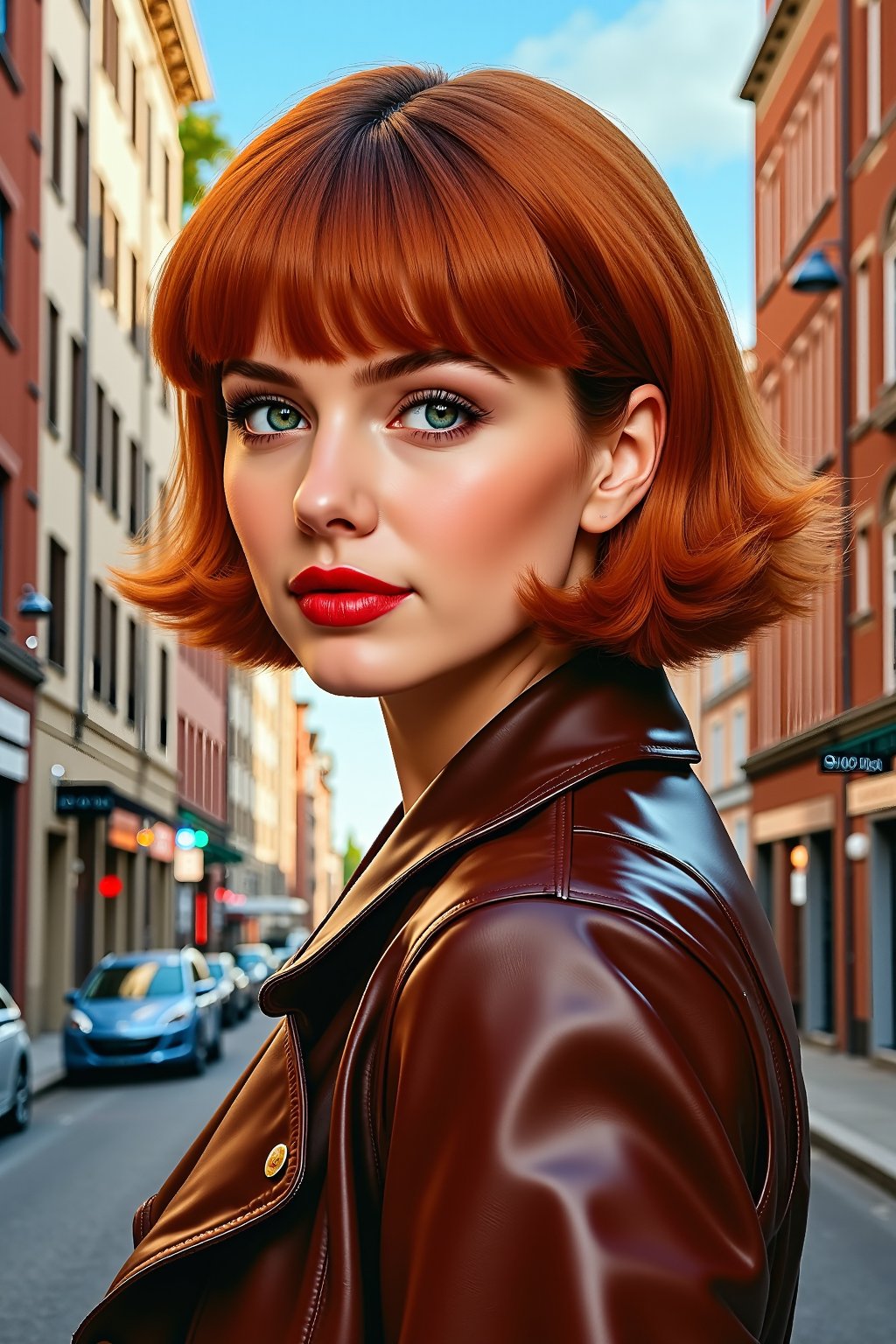 a highly detailed portrait of a beautiful young women with short copper hair in retro city . acrylic painting, full body shot