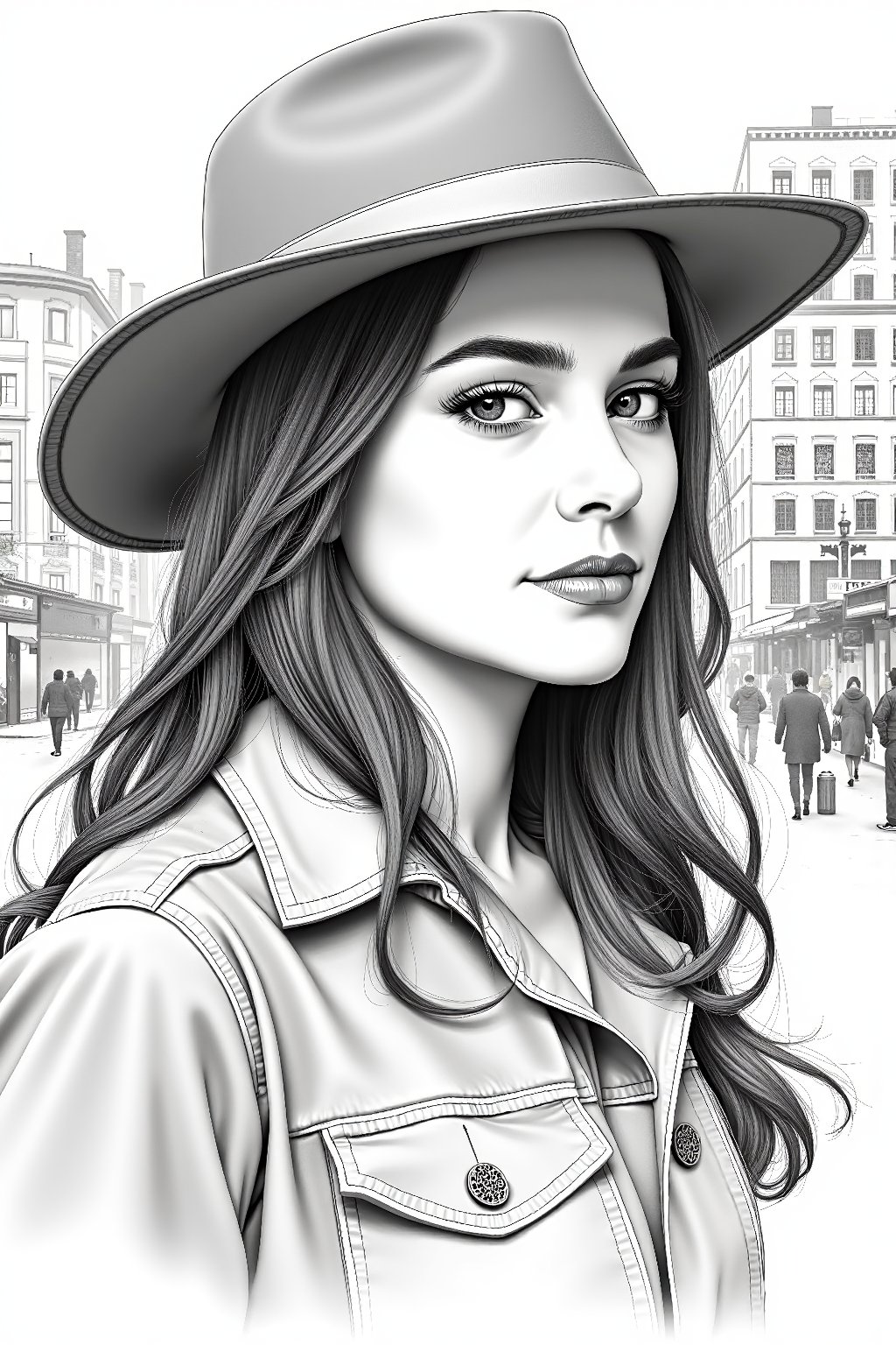 a highly detailed pencil sketch portrait of a beautiful young women in retro city