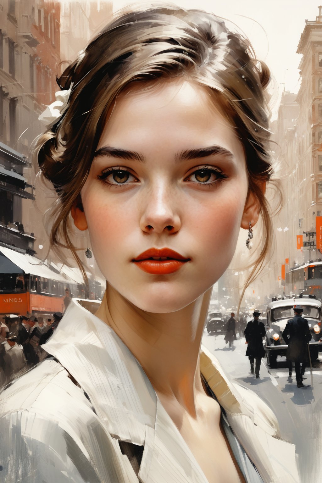 a highly detailed portrait illustration of a beautiful young women in city 2024 by Andrew Loomis,Gregory Manchess,Russ Mills,Berthe Morisot