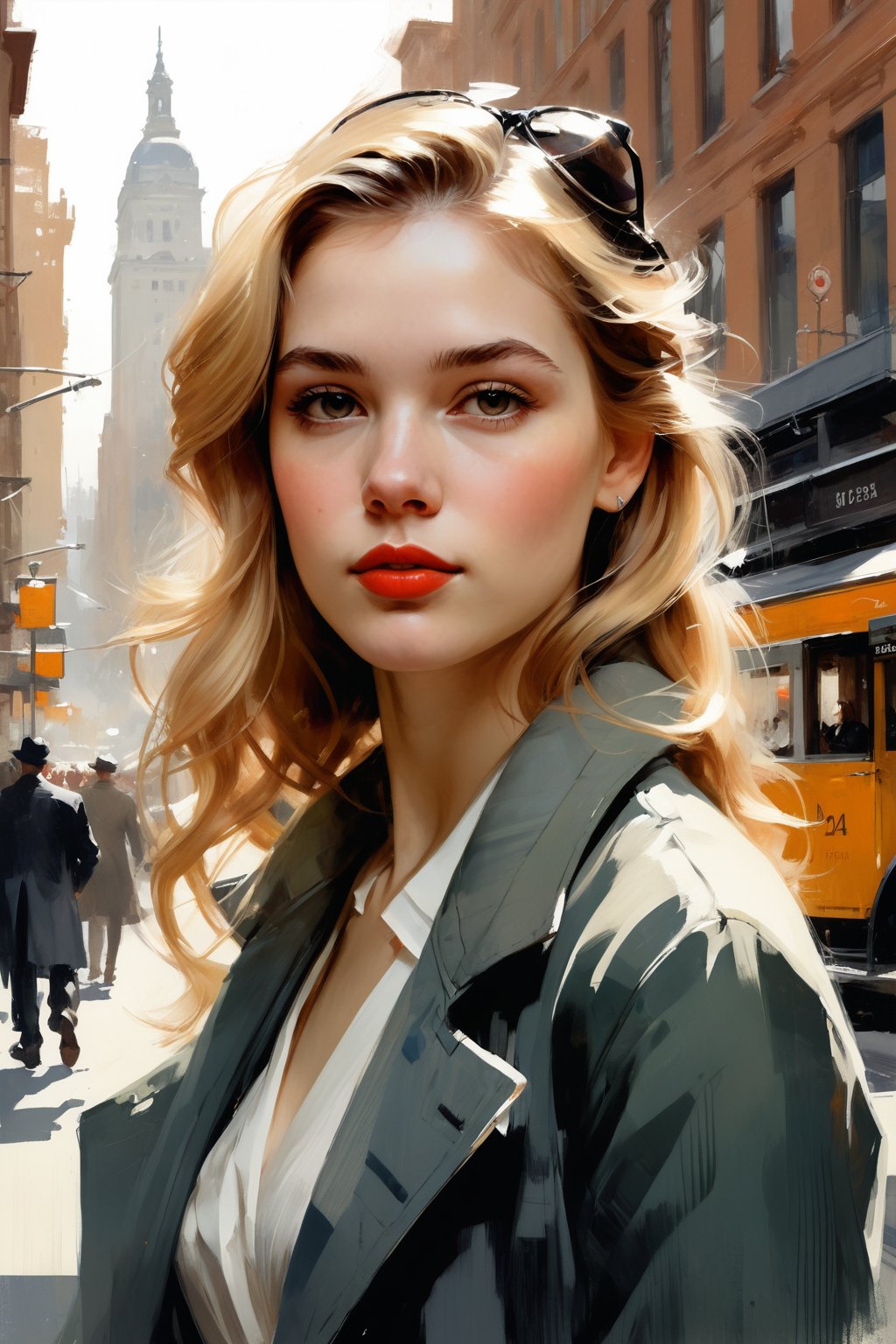 a highly detailed portrait illustration of a beautiful young women in city 2024 by Andrew Loomis,Gregory Manchess,Russ Mills,Berthe Morisot