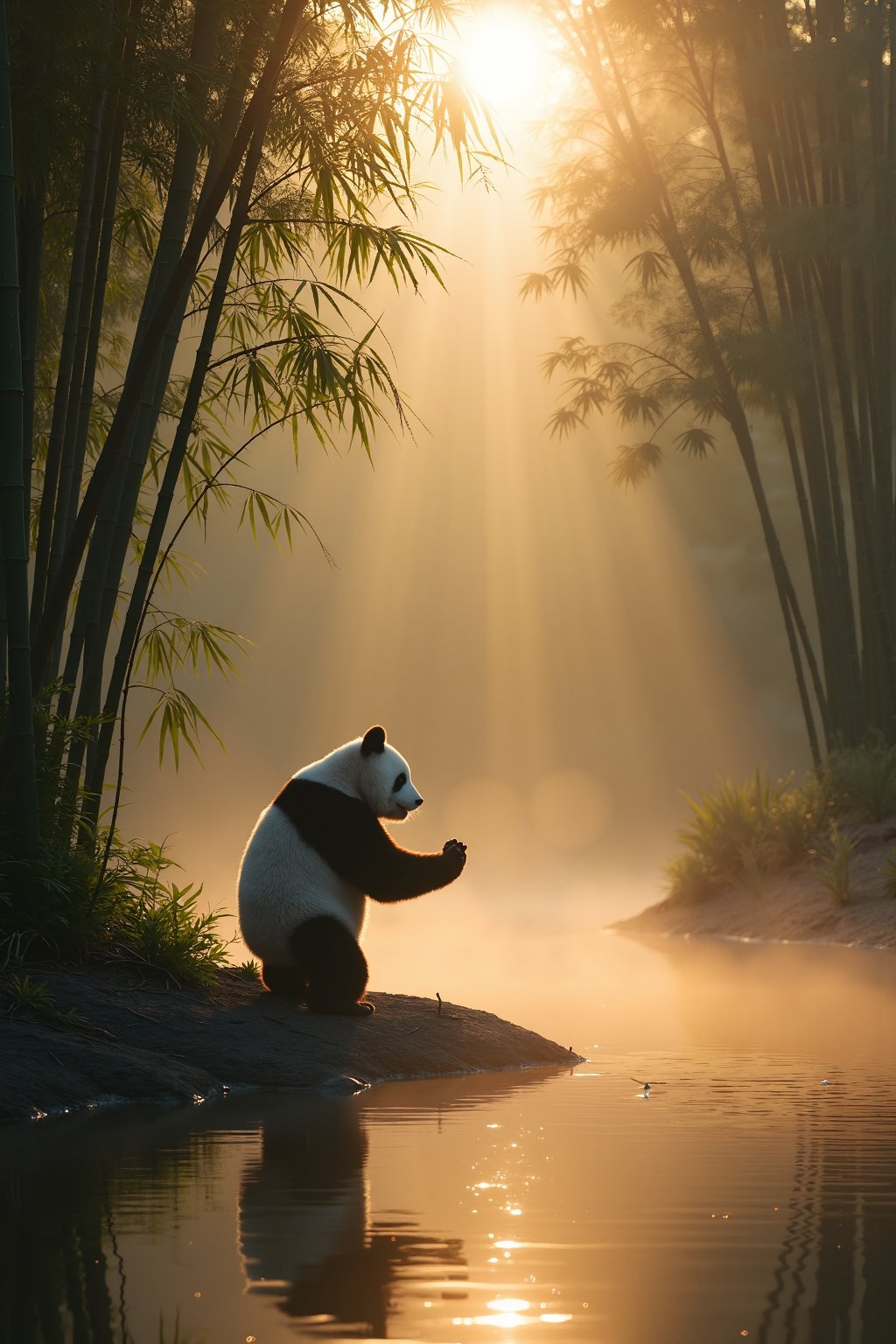 Tranquil pond in a bamboo forest at dawn, the sun is barely starting to peak over the horizon, panda practices Tai Chi near the edge of the pond, atmospheric perspective through the mist of morning dew, sunbeams, its movements are graceful and fluid — creating a sense of harmony and balance, the pond’s calm waters reflecting the scene, inviting a sense of meditation and connection with nature, style of Howard Terpning and Jessica Rossier