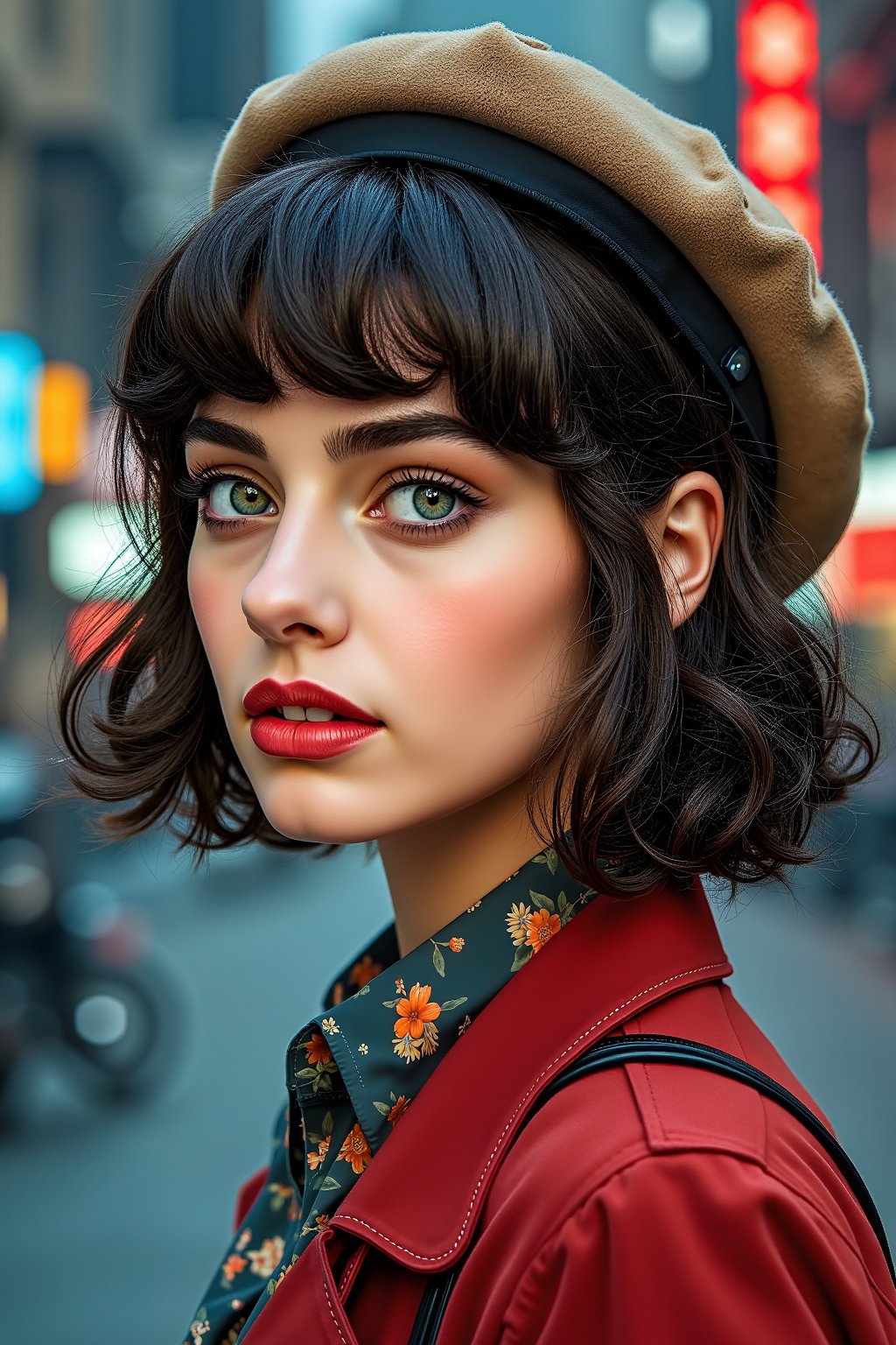 a highly detailed portrait illustration of a beautiful young women in retro city . (watercolor painting:1.4), dark and moody style