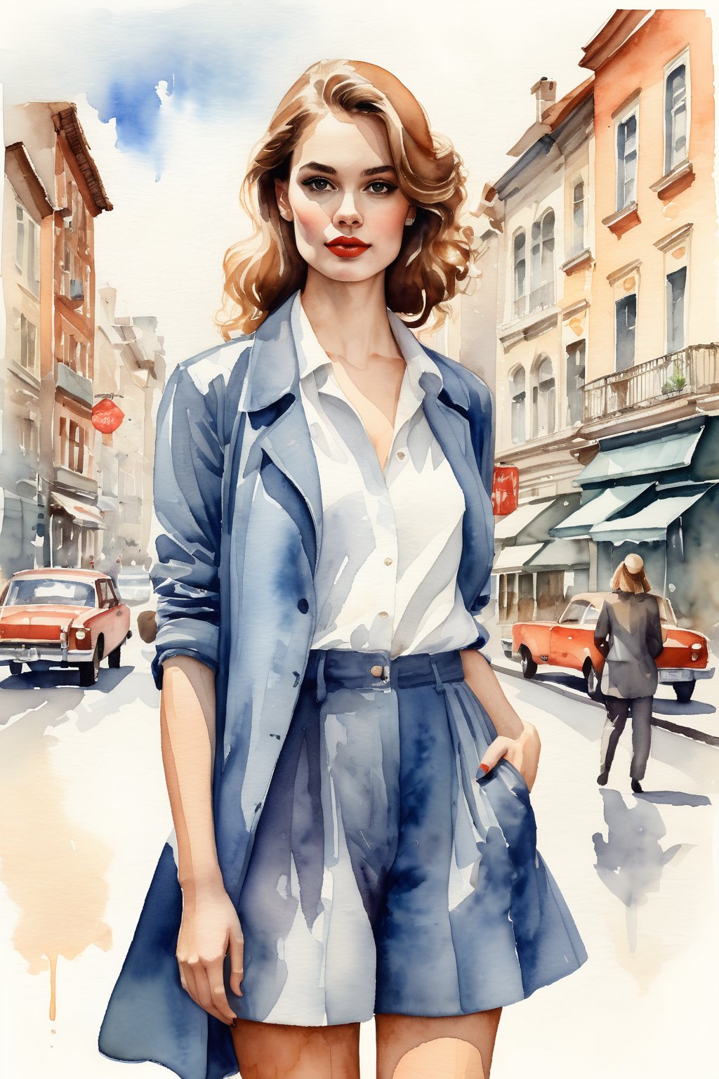 a highly detailed portrait illustration of a beautiful young women in retro city . watercolor painting, full body shot