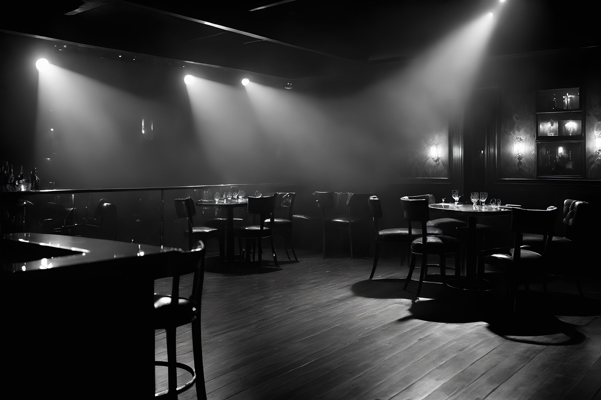 breathtaking ethereal film noir photograph, night jazz in dark and smokie night club . black and white, dark and moody style, Splash art, soft focus, focus on eyes, hyperrealistic, volumetric lighting, dramatic lighting, cinematic lighting, exquisite details, highly detailed, UHD, 64k resolution, hires