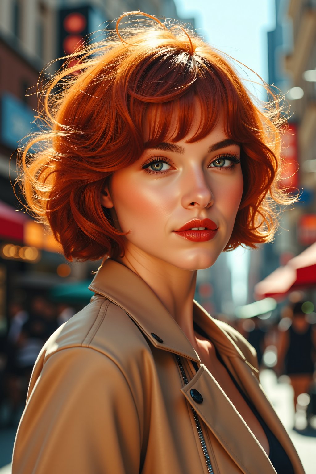 a highly detailed portrait of a beautiful young women with short copper hair in retro city . acrylic painting, full body shot