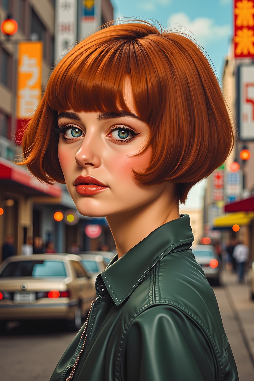 a highly detailed portrait of a beautiful young women with short copper hair in retro city . acrylic painting, full body shot