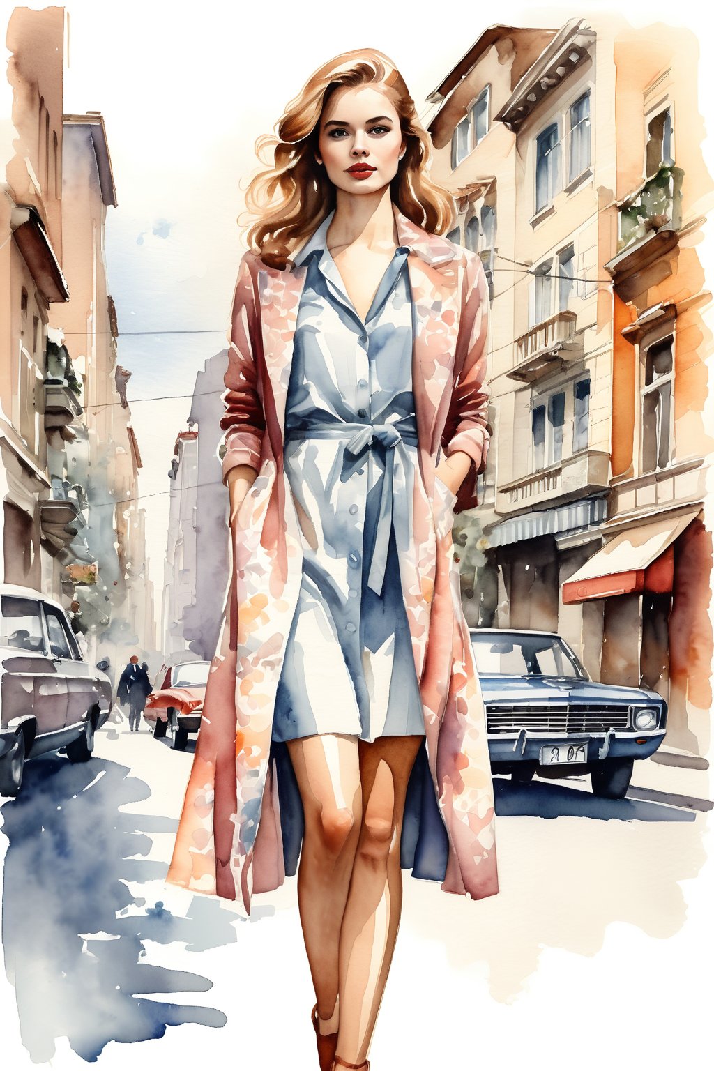 a highly detailed portrait illustration of a beautiful young women in retro city . watercolor painting, full body shot