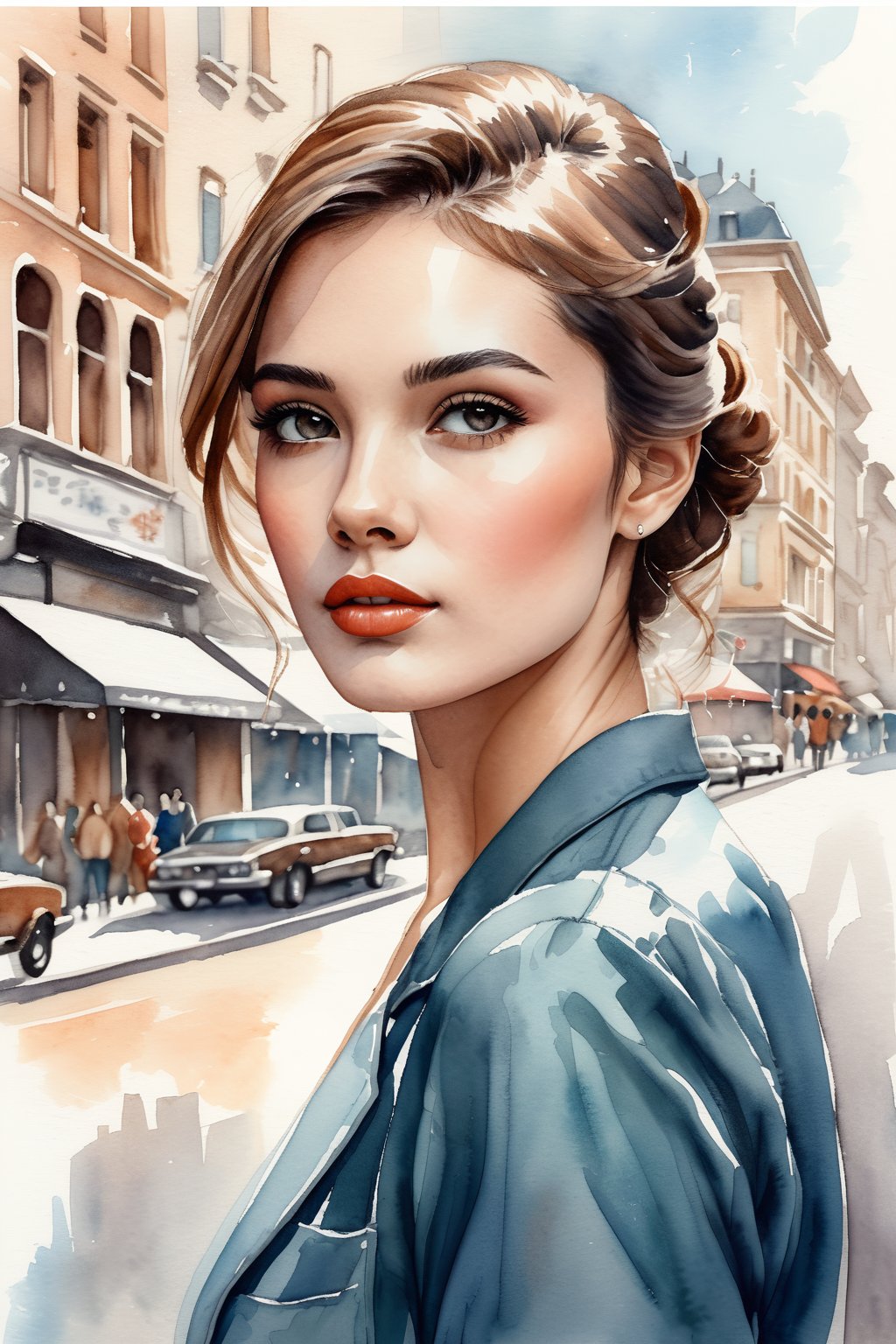 a highly detailed portrait illustration of a beautiful young women in retro city . (watercolor painting:0.6), half body shot