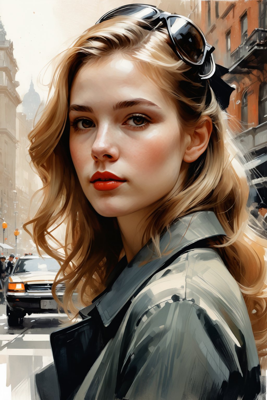 a highly detailed portrait illustration of a beautiful young women in city 2024 by Andrew Loomis,Gregory Manchess,Russ Mills,Berthe Morisot