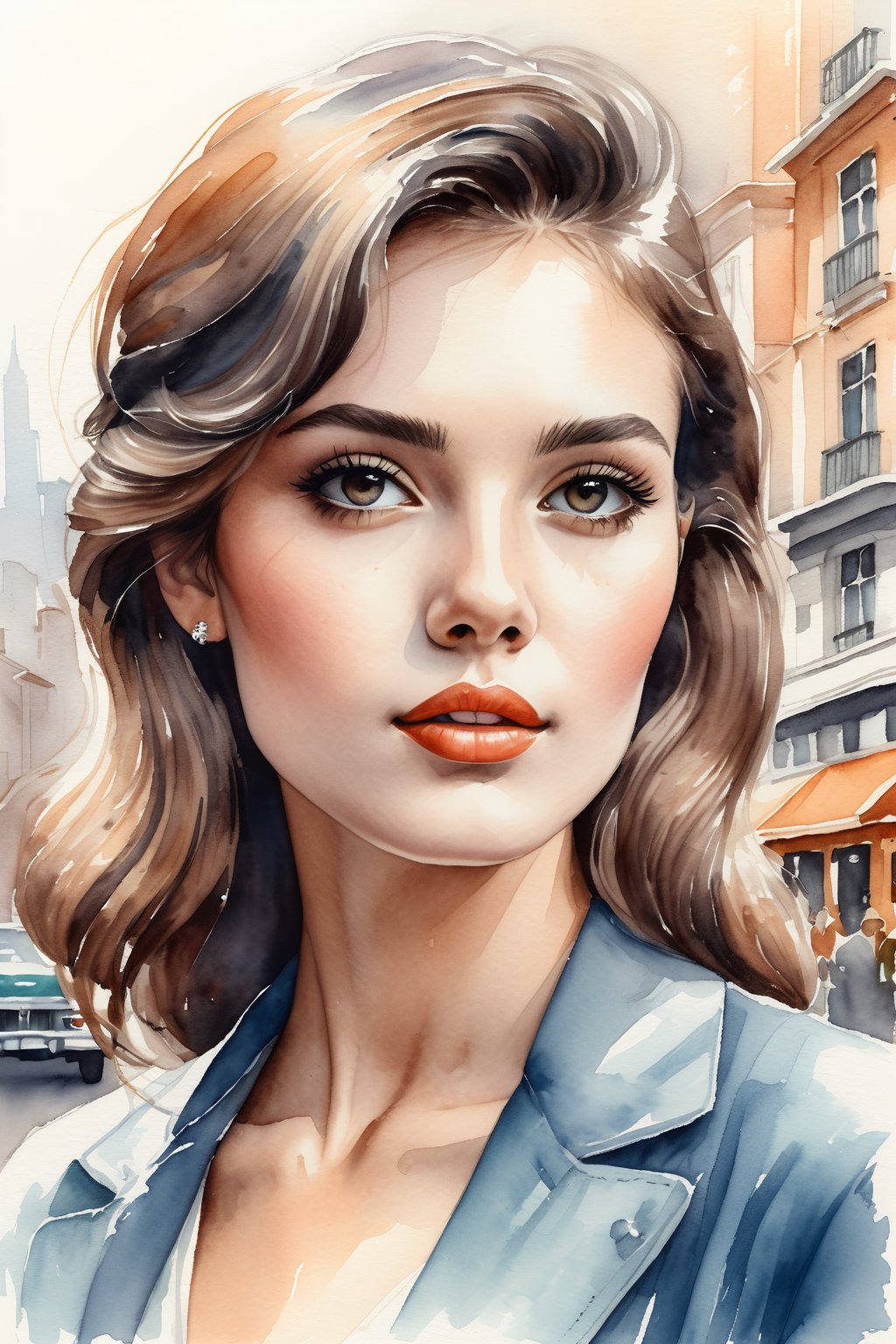 a highly detailed portrait illustration of a beautiful young women in retro city . (watercolor painting:0.6), half body shot