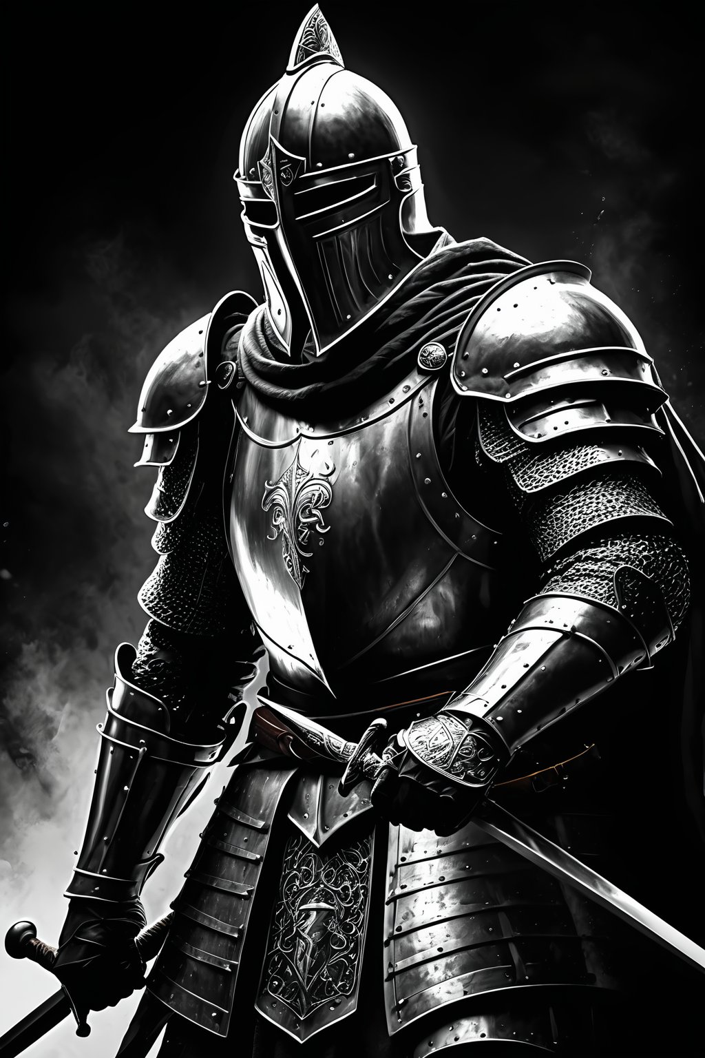 breathtaking noir illustration of mighty medieval knight,  strong backlight,  alluring by evgeny_kozlov on Tensor.Art